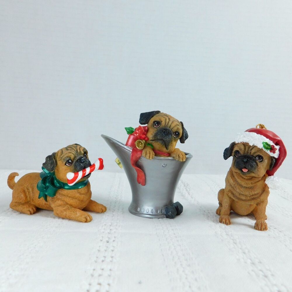 Danbury Mint Pugs and Kisses Christmas Ornaments, Lot of 3 Santa Naughty Nice